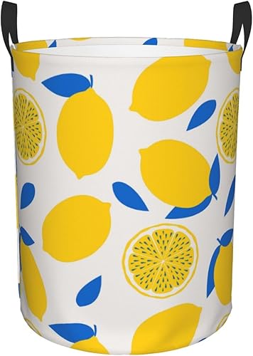 Cesto de lavandería de limón grande plegable con asas, cesta de almacenamiento redonda fácil de transportar, cesta de ropa sucia, cesta de manta