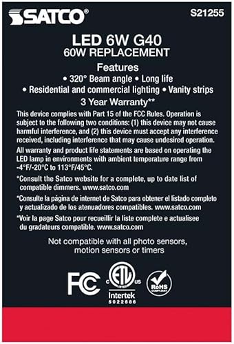 Miniatura 7 de Satco Bombilla LED G40 S21255-6 W, 2700 K (paquete de 6)