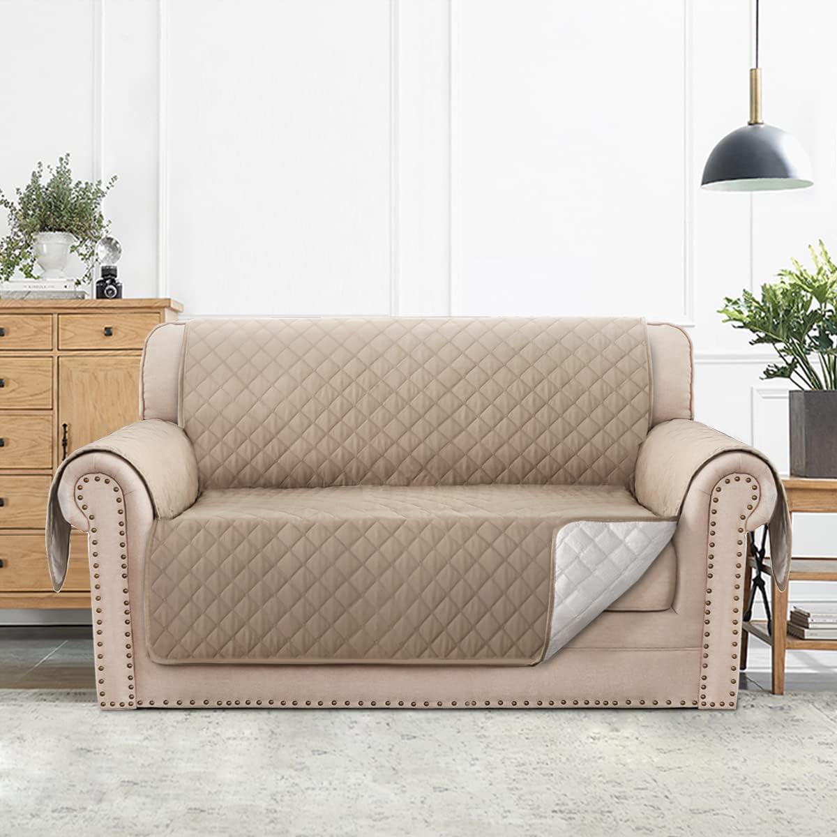 100% Waterproof Sofa Cover - Triple Non-Slip Couch Protector for 2-Cushion Loveseat Couches, Pet-Proof Furniture Slipcover, Machine Washable (Khaki, Loveseat)