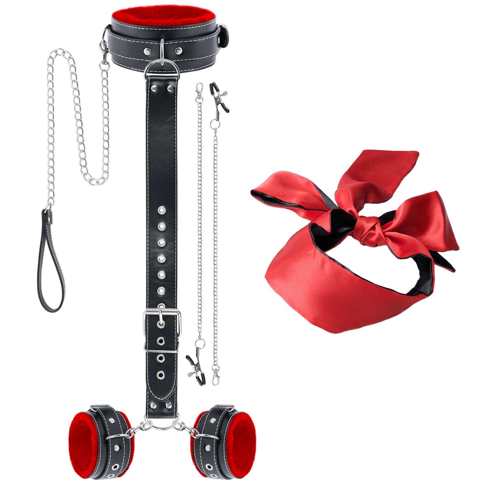 BDSMAGE Set di Bondage con Morsetti per Capezzoli e Maschera per gli Occhi, Manette, Collare, Kit di Bondage SM per Giocattoli Sessuali per Coppie Uomo Donna (Noir et rouge)