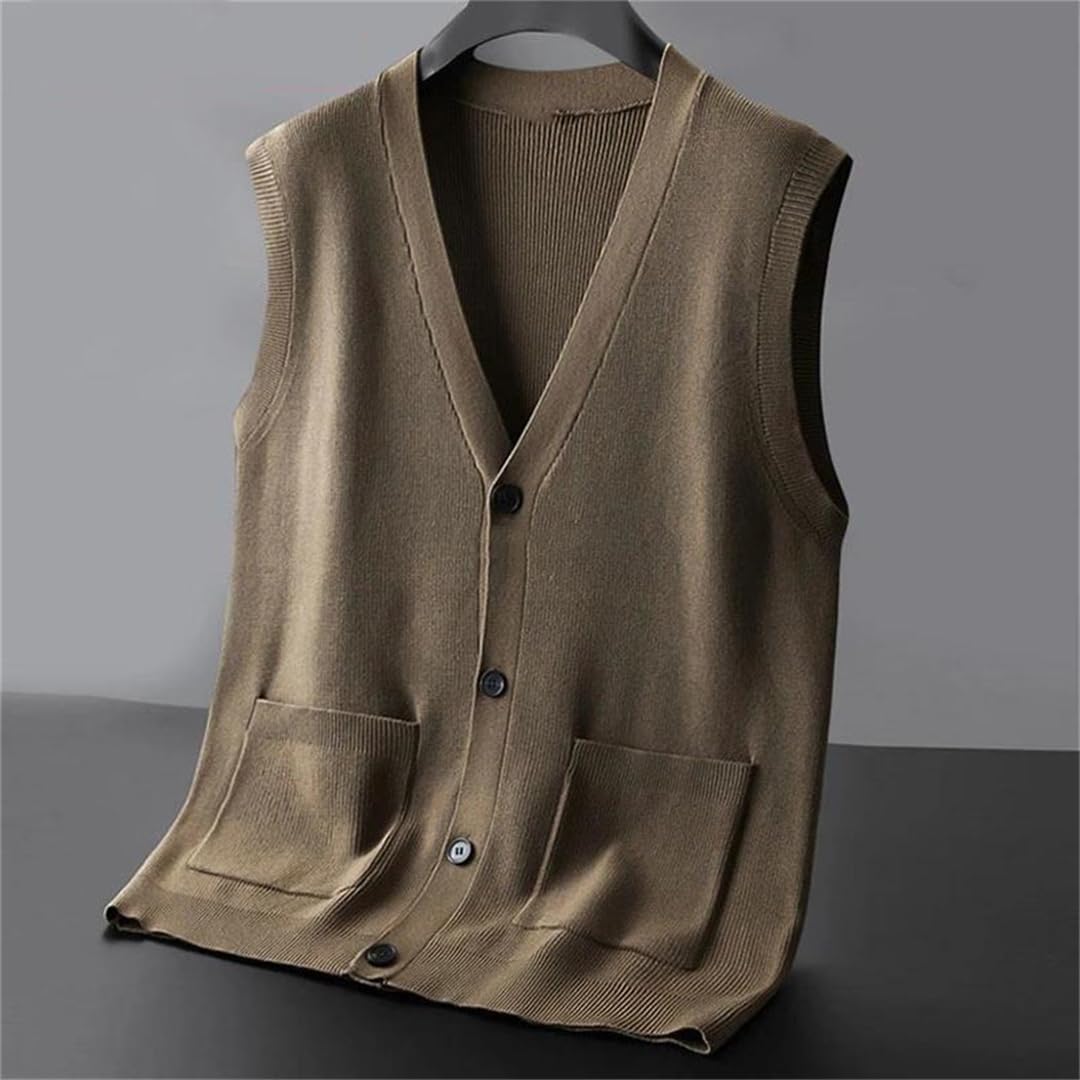 Chaleco de lana para hombre, color liso, sin mangas, suéter de punto, talla grande, cuello en V, informal, con botones