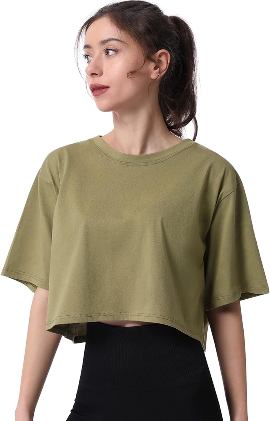 Xelky Womens Crop Casual Tops Tshirt Cotton Loose Workout Short Sleeve Round Neck Tee Yoga Running Shirts 4 Pack - Image 2