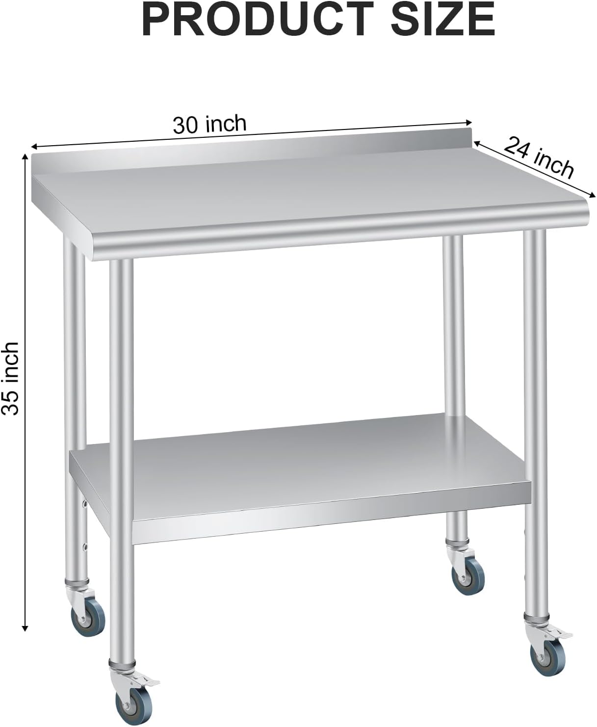 Commercial Stainless Steel Prep Table 30x24 with Backsplash & 4 Caster Wheels - Heavy Duty Kitchen Worktable with Adjustable Under Shelf for Restaurant, Home, Outdoor Use
