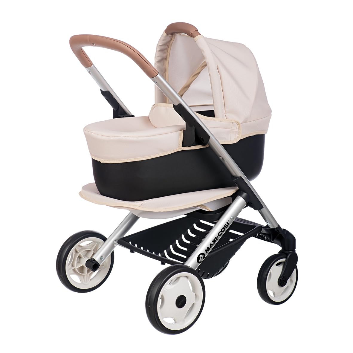 Smoby - Maxi-Cosi - Beżowy wózek spacerowy i głęboki - Dla lalek do 42 cm - 3 w 1 - Imitacja zabawki - Ciche i wielokierunkowe koła - Duży kosz do przechowywania - Od 3 lat - Wyprodukowano w Hiszpanii