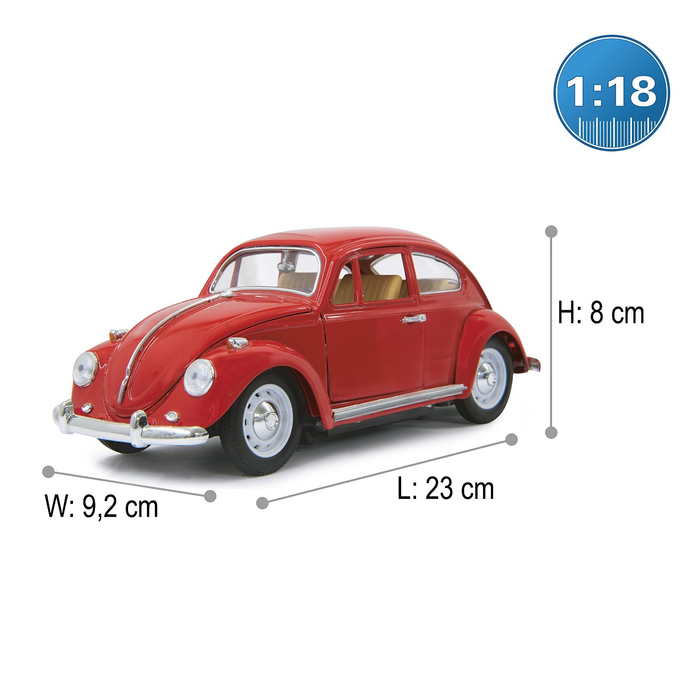 JAMARA 405110 - VW Käfer 1:18 RC Diecast Rot 27MHz – Kultfahrzeug mit Gummi-Bereifung, öffnen von Türen, Motorhaube und Kofferraum, perfekt nachgebildete Details, hochwertige Verarbeitung