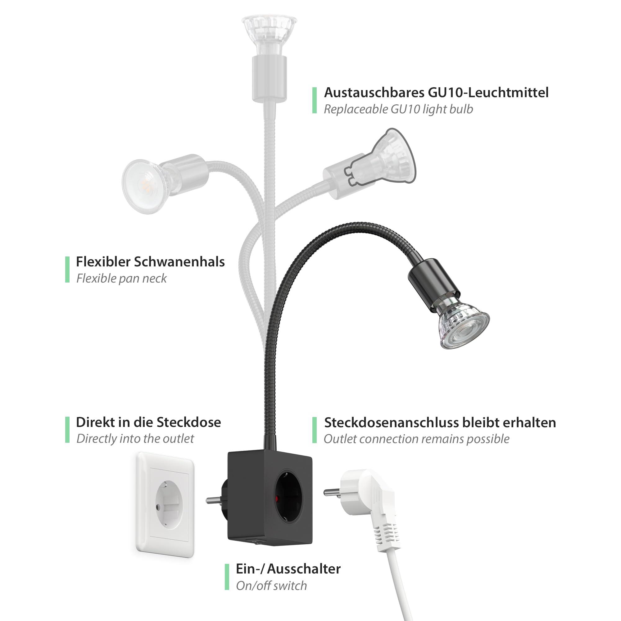 ledscom.de Steckdosenlampe LESCH Leselampe, chrom/schwarz inkl. GU10 LED Lampe 5,8W, 500lm, 3-Stufen-Dimmer, warmweiß