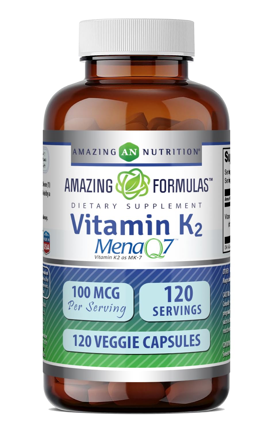 Amazing Formulas Vitamin K2 Menaq7 MK7 Supplement | 100 Mcg | Veggie Capsules | Non-GMO | Gluten Free | Made in USA (1 Pack, 120 Count) Unflavored 1 Count (Pack of 1)