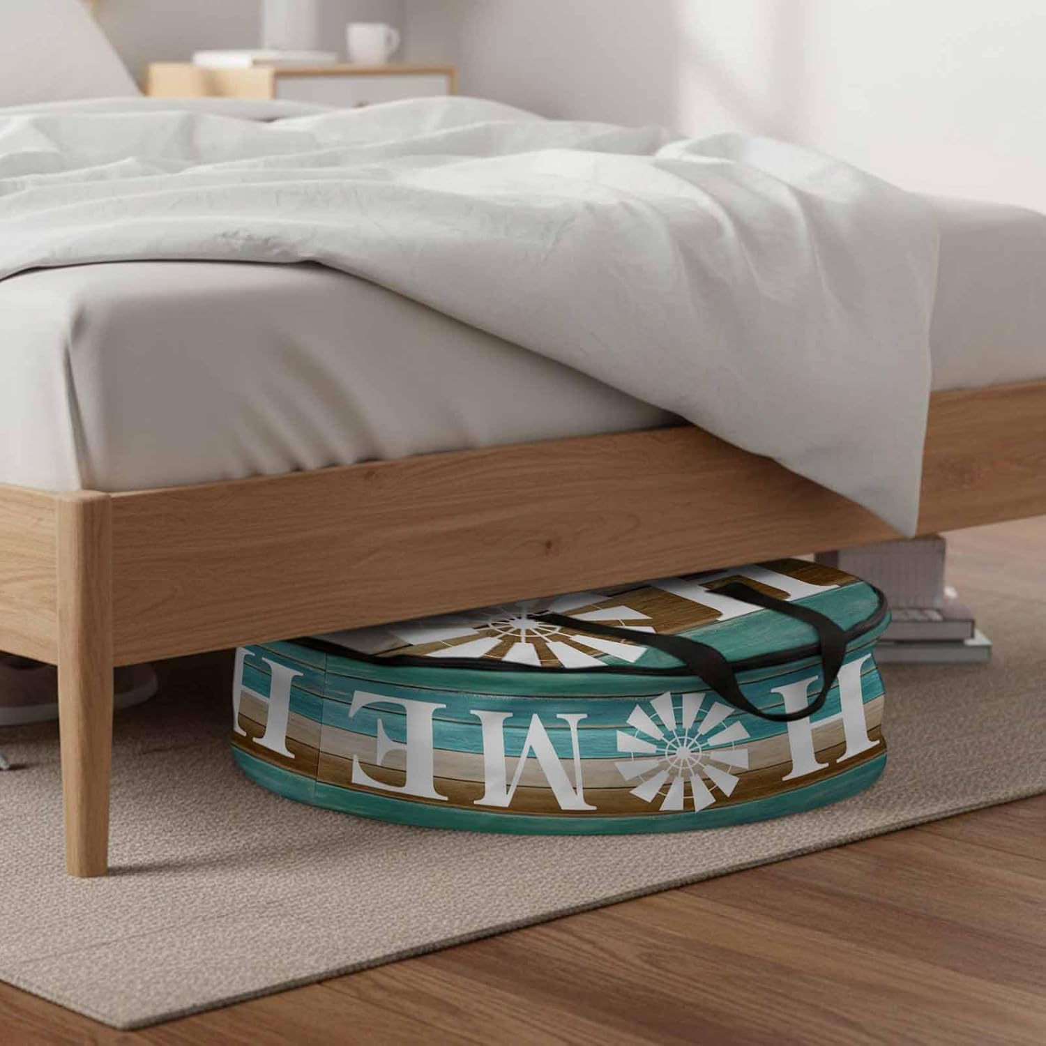 Brown Turquoise Round Storage Bag 36 Inch, Wood Grain Farmhouse Vintage HOME Clothes Storage Container with Handles Heavy Duty Organizer for Comforter, Bedding & Holiday Wreaths