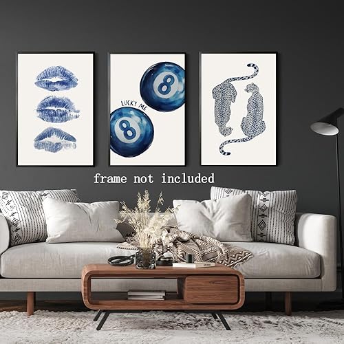 Miniatura 6 de Juego de arte de lienzo azul marino para pared, póster retro de 8 bolas, estampado de guepardo azul, impresión de labios de beso, impresiones