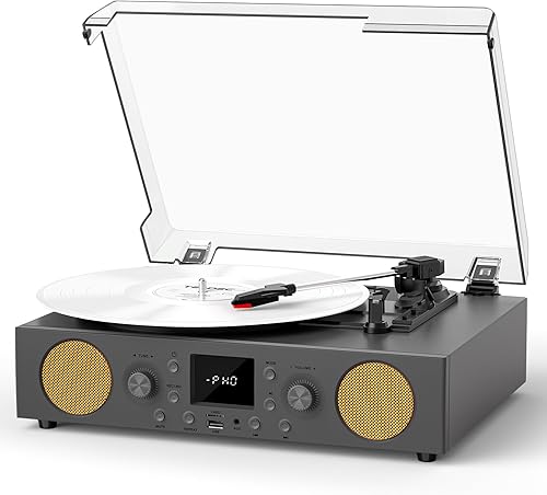 VinylsLink - Tocadiscos de 3 velocidades accionado por correa con altavoces integrados, radio FM, Bluetooth, salida de línea RCA, entrada AUX,