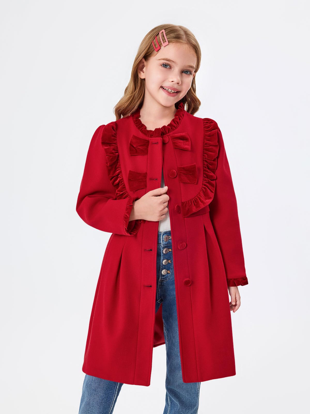 Haloumoning Cappotto invernale da bambina con volant e bottoni, con fiocco, lungo, con tasche, 3-12 anni