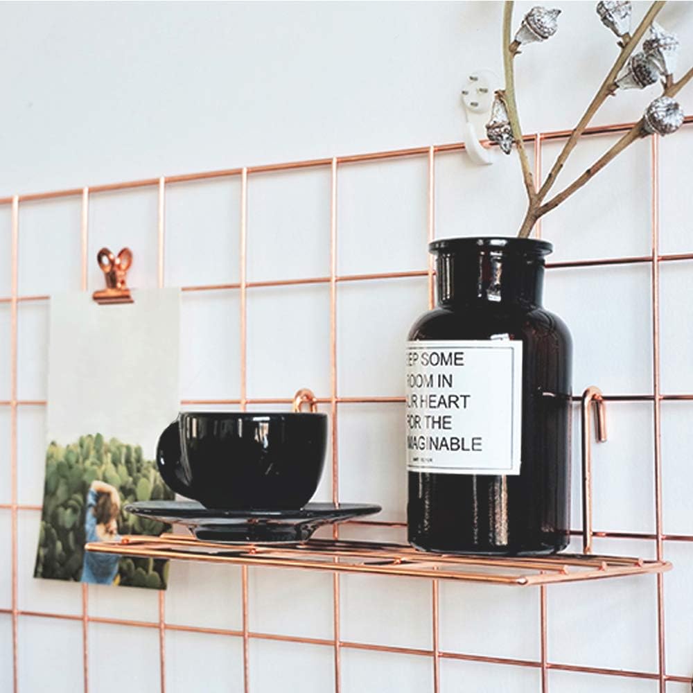 Mesh Gridwall Flat Shelf, Multi-purpose Metal Wire Organizer & Storage Accessory, Terrace & Balcony Plant Holder, Flower Pots Display Shelf/Decor, Wall Mountable (Rose Gold, Flat 25x10x8cm)