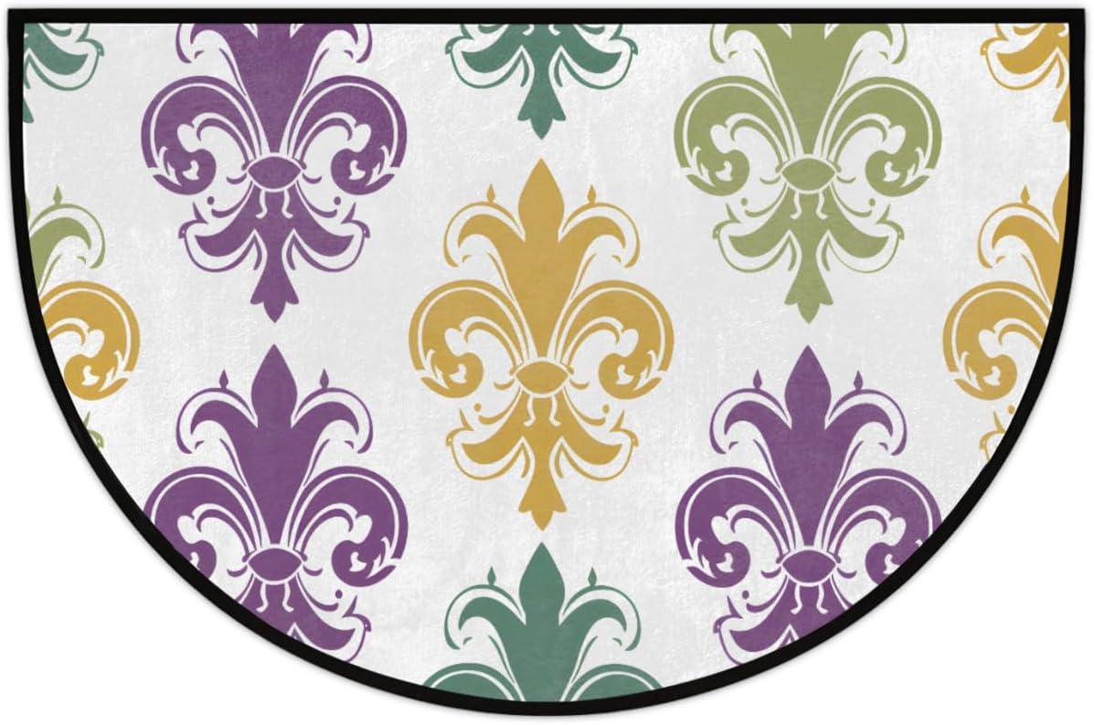 Front Door Mat Indoor Outdoor Entrance, Mardi Gras Fleur De Lis Half Round Door Mat Absorbent Non-Slip Backing Welcome Doormat Patio Entryway Low Profile Floor Mats for Kitchen Fireplace 36" x 24"