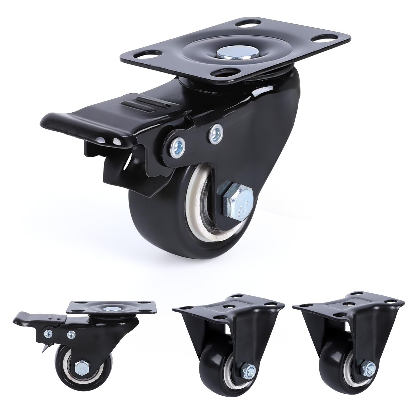 Nfbcxutkw 2 Rigid + 2 Locking Casters 1.5 Inch Heavy Duty Casters Set Of 4, 2 Rigid + 2 Locking, Black Pu