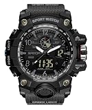 FANMIS Mens Military Multifunction Digital Watches 50M Water Resistant Electronic 7 Color LED Backlight Black Sports Watch (Black)