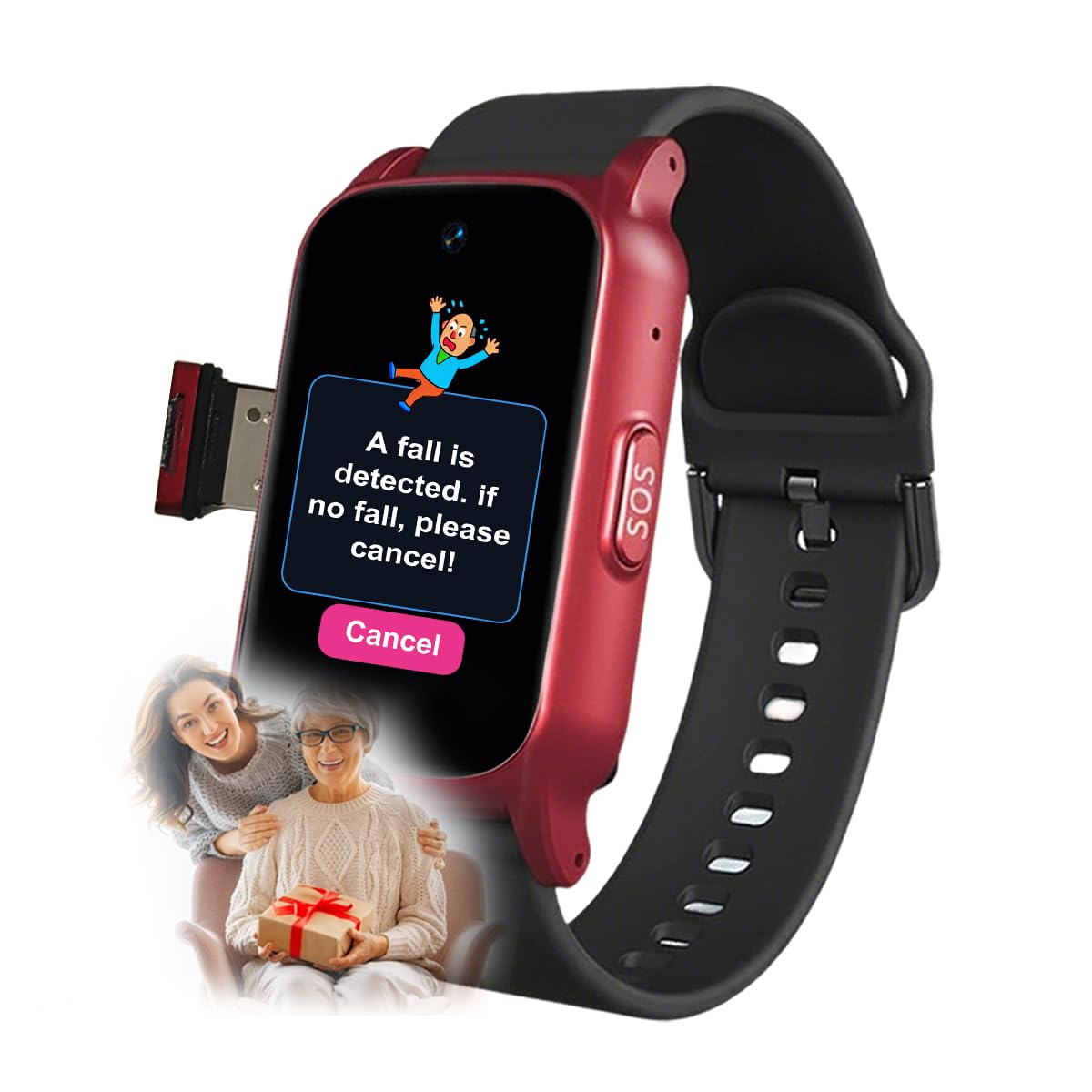 Reloj Inteligente con Detección De Caídas para Personas Mayores, con GPS, Botón SOS, Llamada Bidireccional Resistente Al Agua Reloj Localizador De Personas MayoresRed,1.25 * 0.57 * 2.22inch