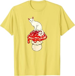 Cute White Cat Sitting on Red Spotted Mushroom - T-Shirt