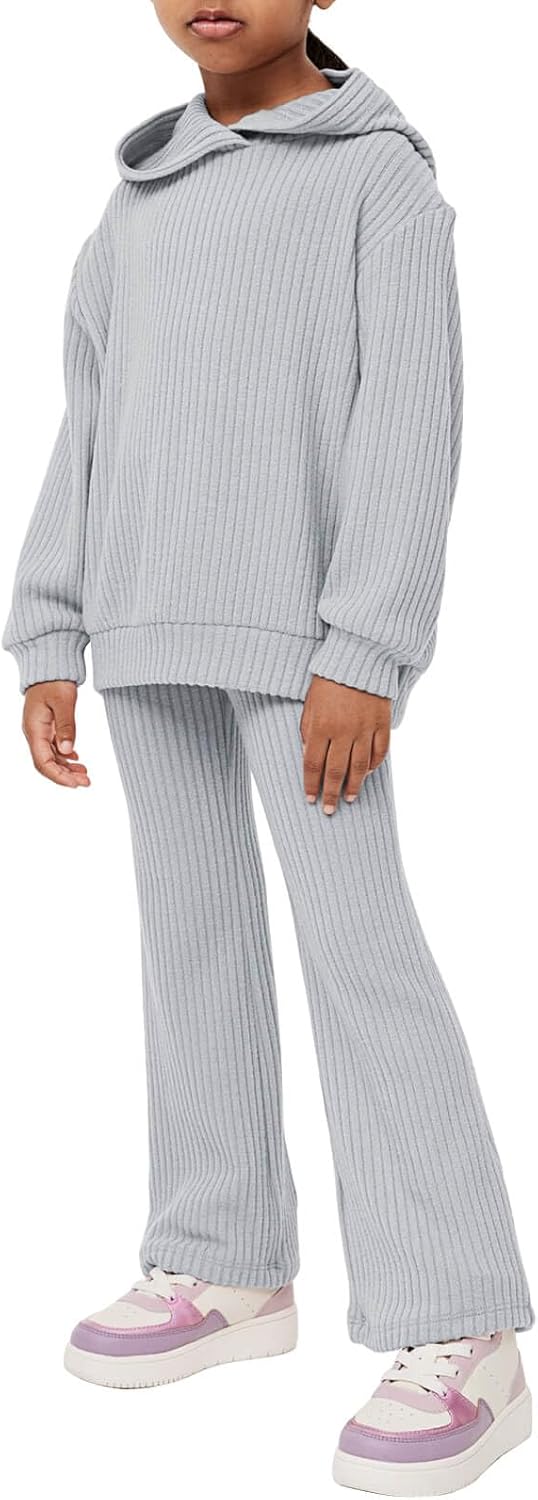 Haloumoning Girls 2 Pieces Outfits Ribbed Knit Hoodies Flare Pants Sweatshirts and Sweatpants Kids Tracksuits 4-14 Years - Image 2
