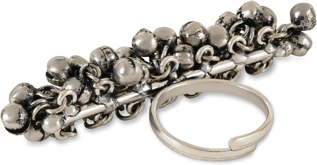 I Jewels Silver Oxidised Indian Wedding Bollywood Ethnic Adjustable Brass Finger Ring Embellished With ghungroo and pearl