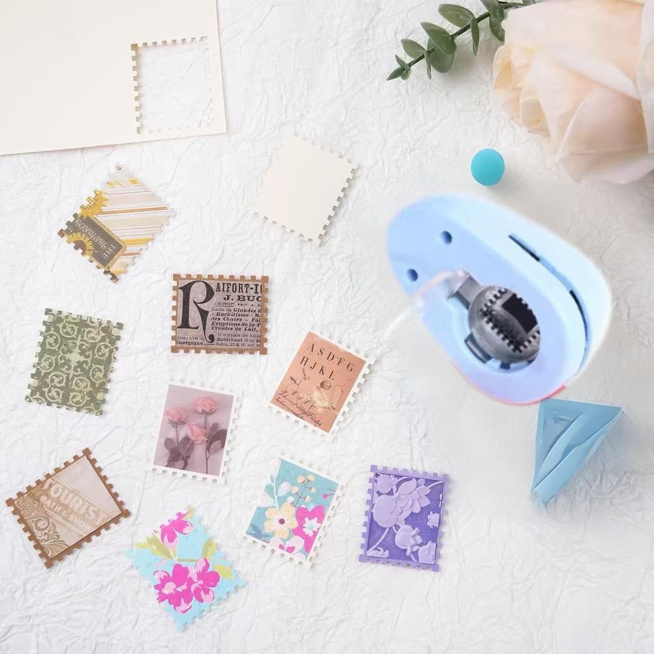 Stamp Puncher Large Rectangular Postage Stamp Punch |Stamp Hole Puncher| Lever Action Paper Punches for Crafting Scrapbooking DIY Card Making Arts Crafts Supplies with 24-Pack Patterned Cardstock