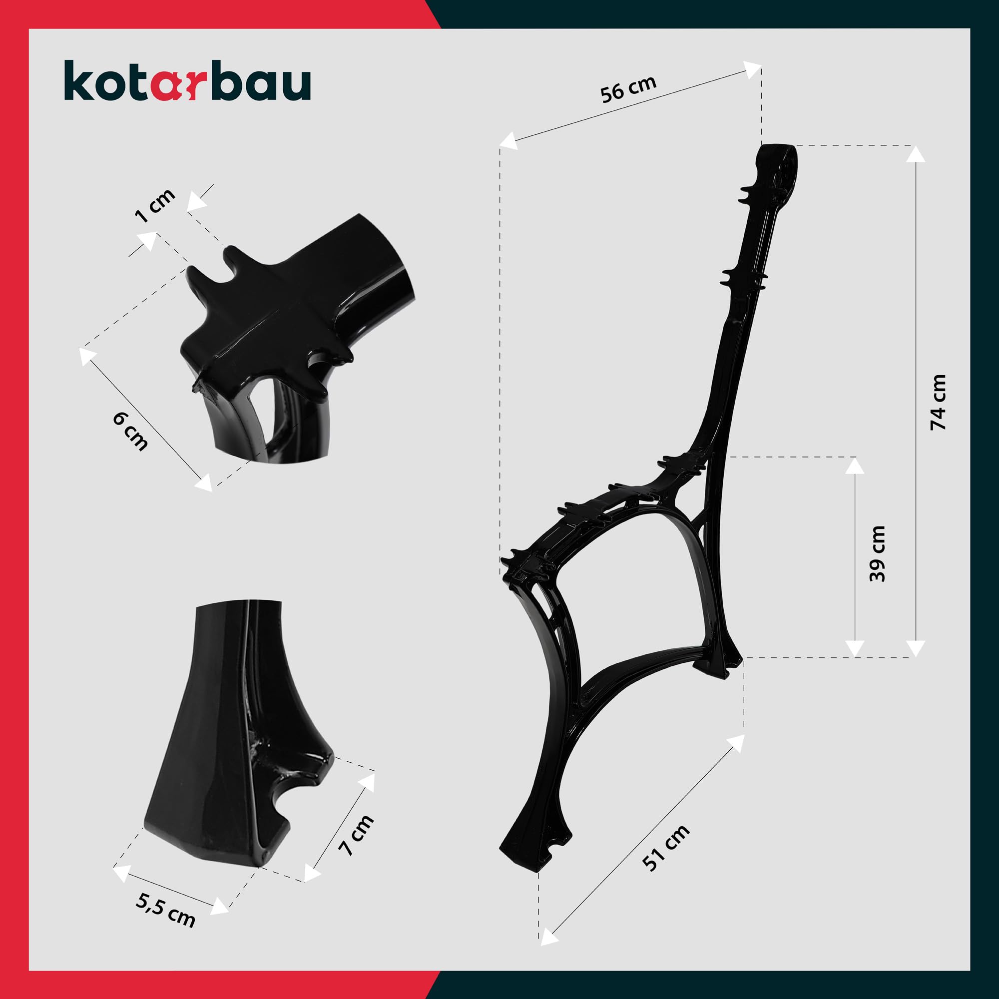 KOTARBAU® 2-częściowy zestaw nóżek do ławki, kolor czarny, 740 x 510 mm, aluminiowa ławka ogrodowa, metalowa, płozy, płozy, nóżki do ławki, ławki parkowej