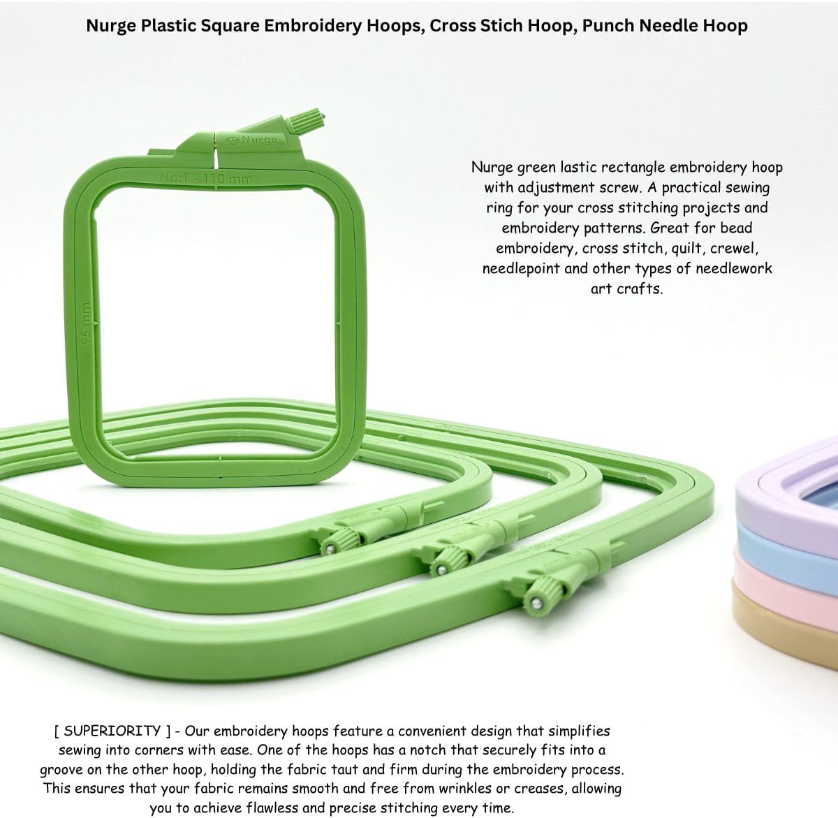 Nurge Green 4 Pcs Set Plastic Square Embroidery Hoop, Cross Stitch Hoops, Punch Needle Hoop (4 Pcs)