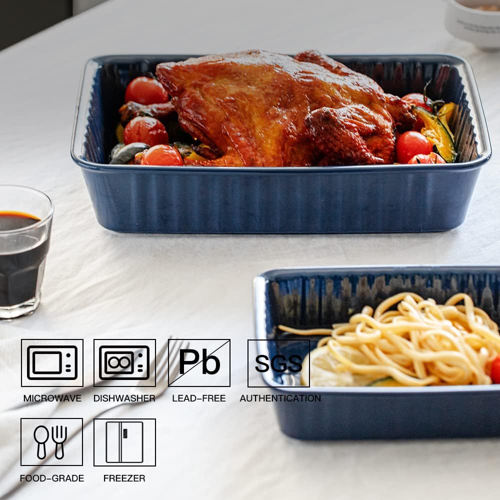 2-Piece Ceramic Baking Dish Set, Rectangular Lasagna Pans (12x8 inch & 8.95x6 inch) - Oven, Microwave, Dishwasher Safe Casserole Dishes for Cooking, Serving, and Storage (Dark Blue)