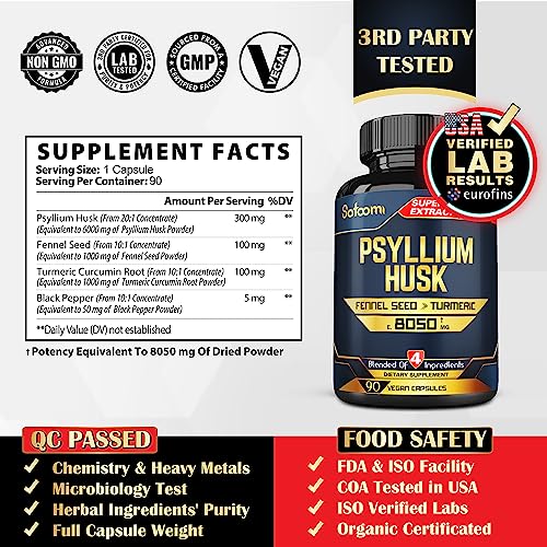 Psyllium Husk Capsule 8050 Mg, Fennel, Turmeric Blend - 4 Powerful Natural Ingredients With Black Pepper - Digestive, Mind & Body Balance Support Supplement - 90 Vegan Capsules - Non-Gmo, Gluten Free #TOP1