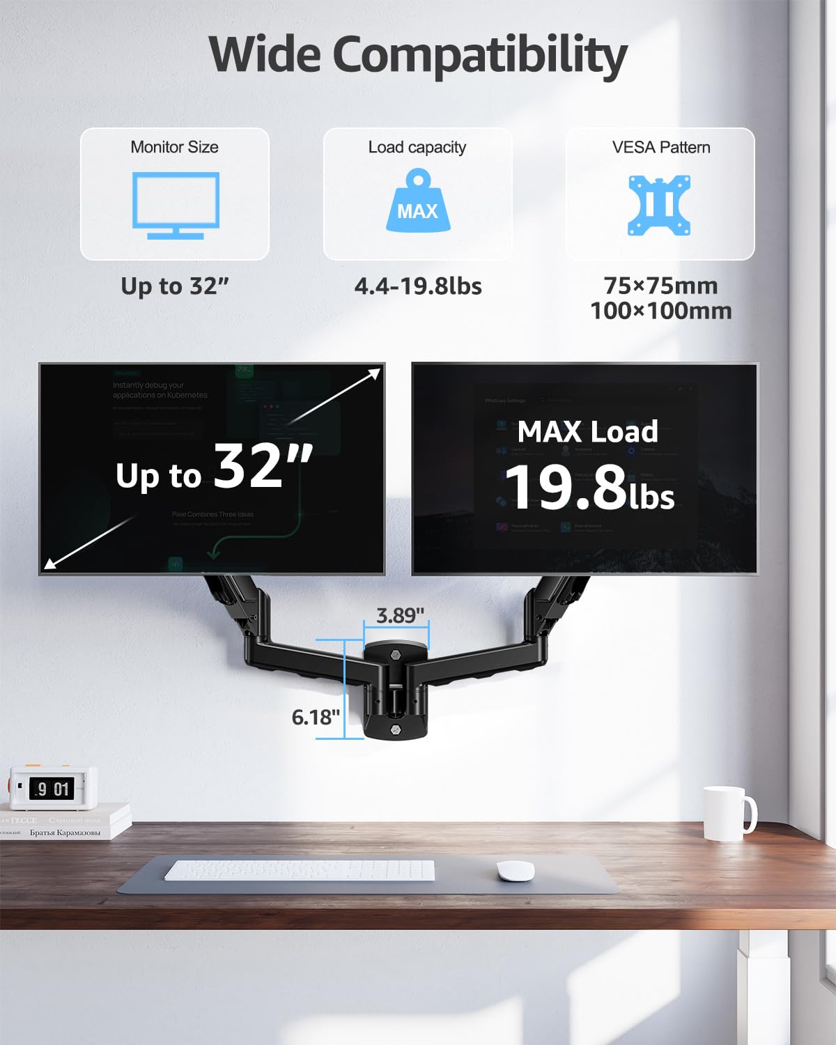 MOUNTUP Supporto da parete per doppio monitor per 2 schermi di computer da 32 pollici, braccio doppio completamente regolabile, supporto per monitor da parete supporto per monitor da 2 a 9 kg, staffa