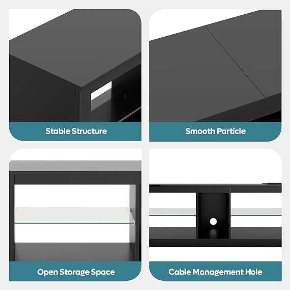 Bestier LED TV Stand for 55/60/65 Inch TV, Black High Gloss Entertainment Center with Power Outlet & Adjustable Shelves, Modern Gaming TV Console with Storage for Living Room Bedroom