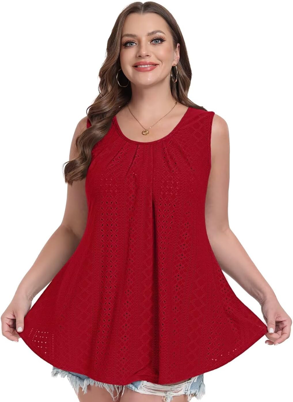 MONNURO Plus Size Tank Tops Summer Tops Eyelet Sleeveless T-Shirts Scoop Neck Loose Flowy Casual Tunic Shirts - Image 5