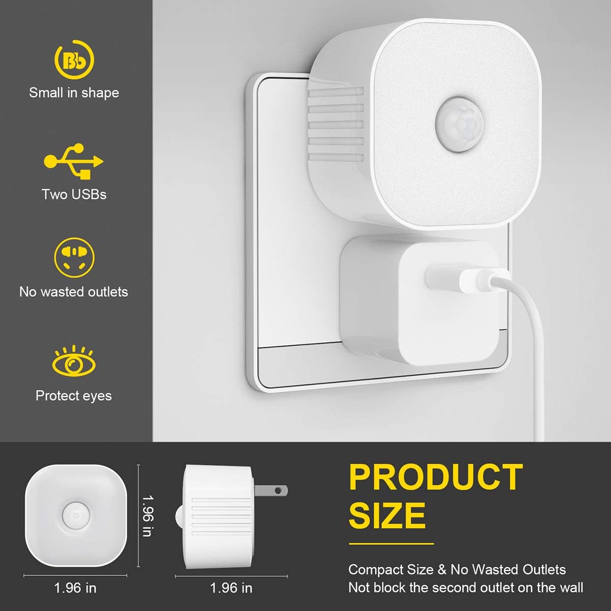 2-Outlet Motion Sensor Night Light 2-Pack, UL Certificated, Warm Light, White