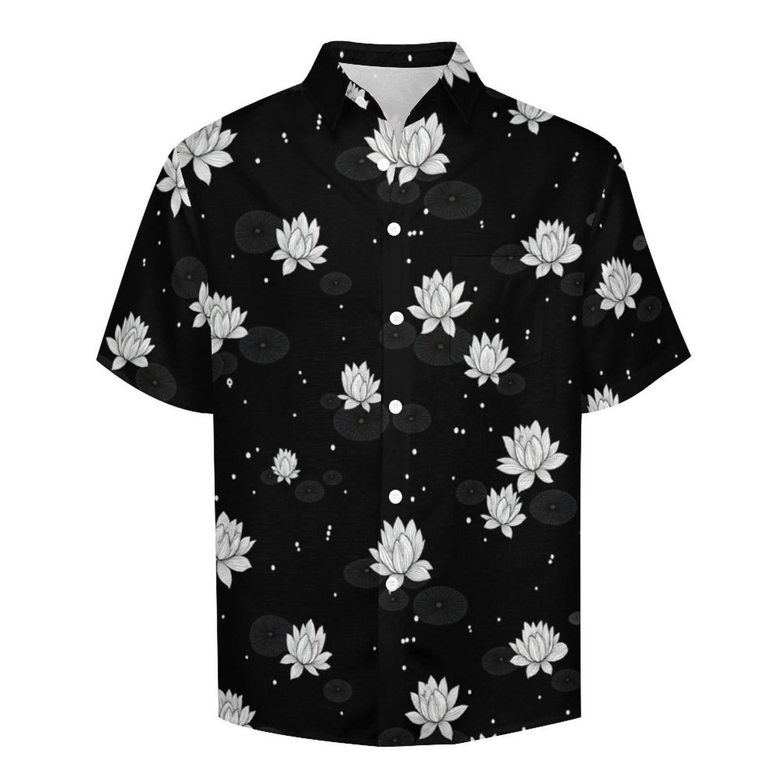 Funky Camicia Hawaiana Uomo, Manica Corta Design Aloha Camicie con Bottoni, Estiva Camicie a Piccolo Fiore di Loto Casual Stampa Spiaggia Estate Disegno A Linee Camicia