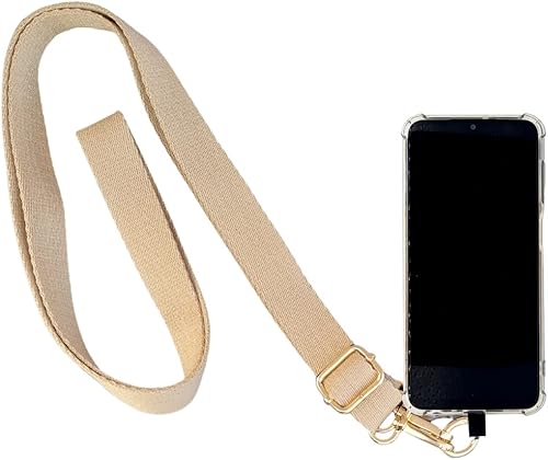 Laboratorios Línea Correa de tela beige soporte de cordón teléfono incluye conector universal con anillo de oro, Beige