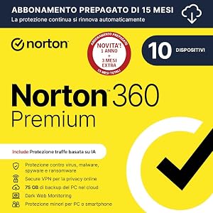 Norton 360 Premium 2026| Antivirus 10 dispositivi|15 mesi rinnovo automatico|Digital Download