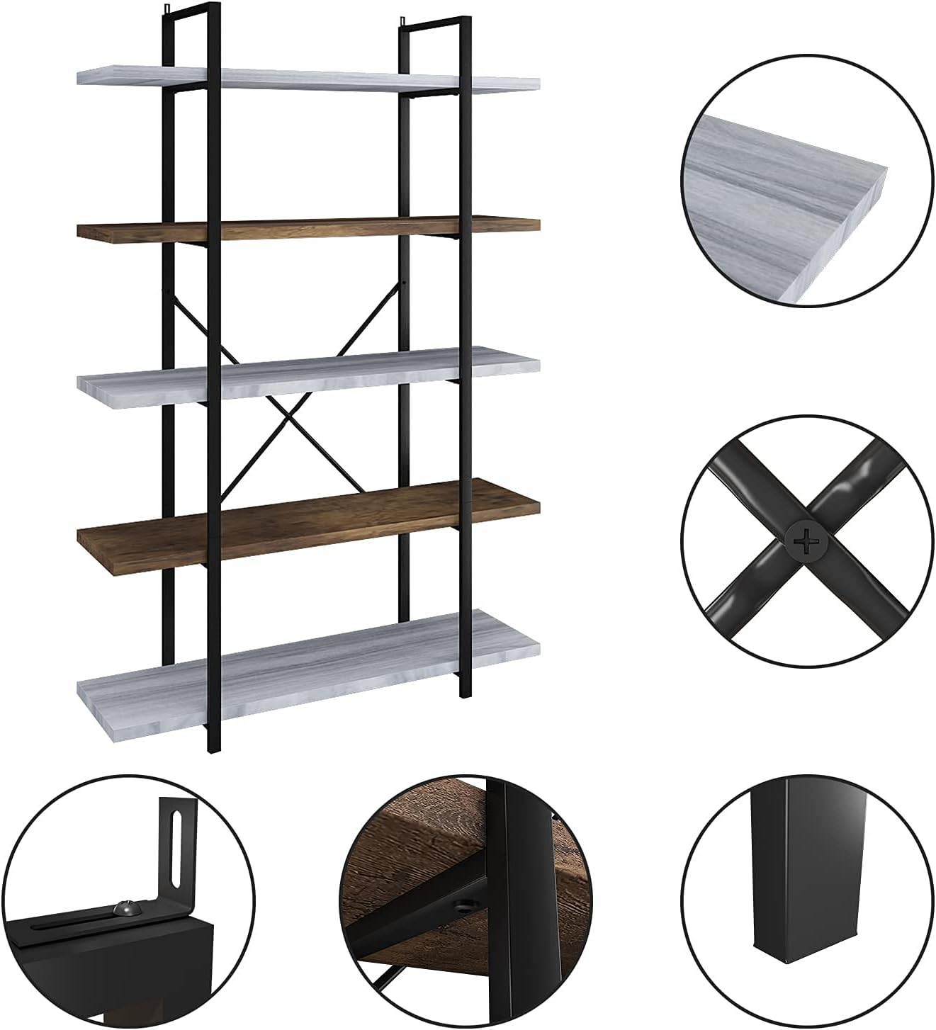 Uр Tо 40% оƒƒ FRSTONE Wood 5Tier Large Shelf Bookcase Modern,Open Bookshelf,Rustic Industrial Book Shelf For Office,Farmhouse Wooden Open Tall Etagere Bookcase For Storage And Display 2- Brown 3-Silver Color Mixing