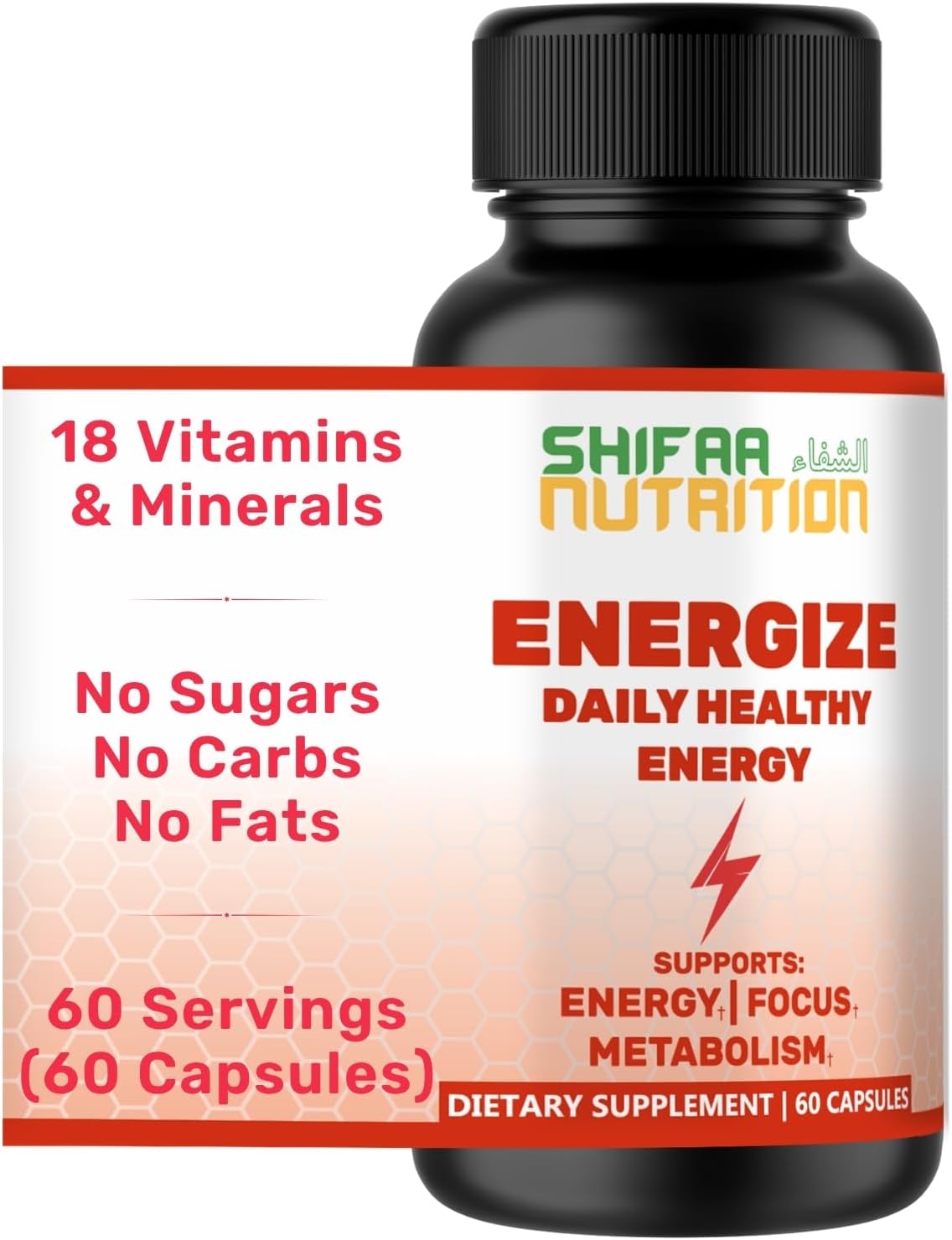 Energize, Natural Daily Energy Vitamins | Jitter-Free, 60 Servings | Supports Focus, Mood, Brain, Metabolism | w/Caffeine & Taurine, B1, B2, B5, B6, B7, B9, B12 Halal Vitamins