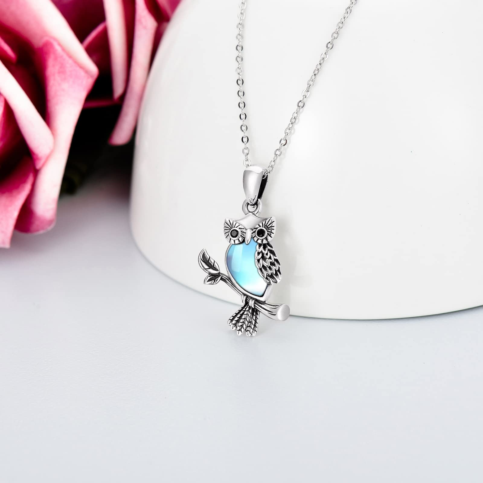 Halskette mit Eulen-Anhänger aus 925er-Sterlingsilber mit Kristallen Anhänger in Tierform Silberschmuck Geschenk für Frauen, 45,7 + 5,1 cm Kettenverlängerung