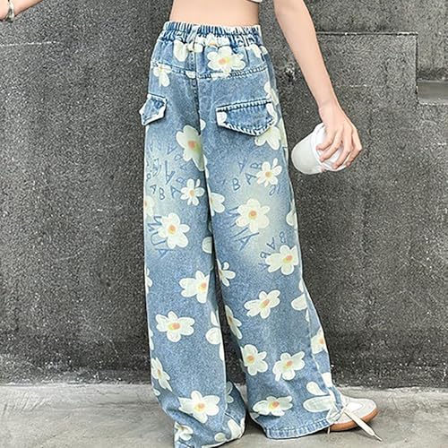 Girls Cargo Jeans Wide Leg Loose Kids Denim Pants with Pockets Casual Elastic High Waist Trousers Trendy Jogger Sweatpants4