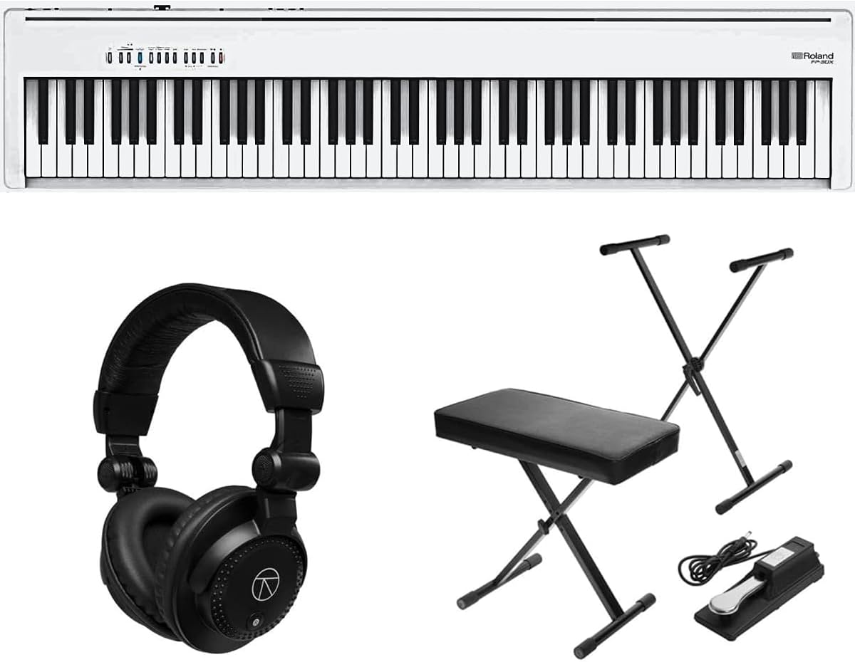 Paquete de piano digital Roland FP-30X con soporte, banco y auriculares (blanco) | Kit de piano SuperNATURAL de 88 teclas con auriculares TAPH100, soporte, banco y pedal de sostenido