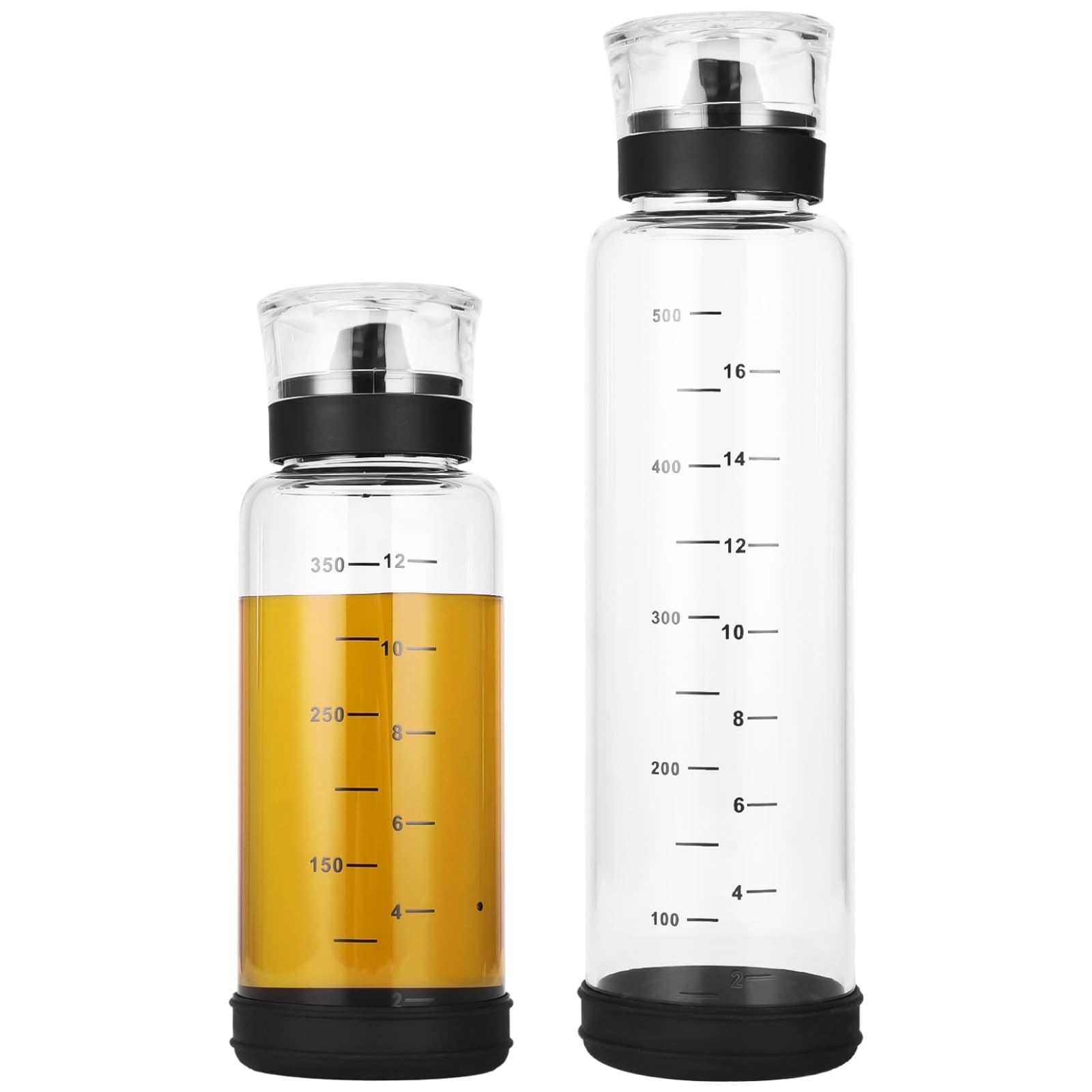 2 PCS Graduated Dressing Bottles, 350 ml 500 ml Clear High-Borosilicate Glass Oil and Vinegar Dispensers, No-Drip 360° Silicone Spout, Non-Slip Base, Oil Container for Salad, Cooking, Seasoning Prep