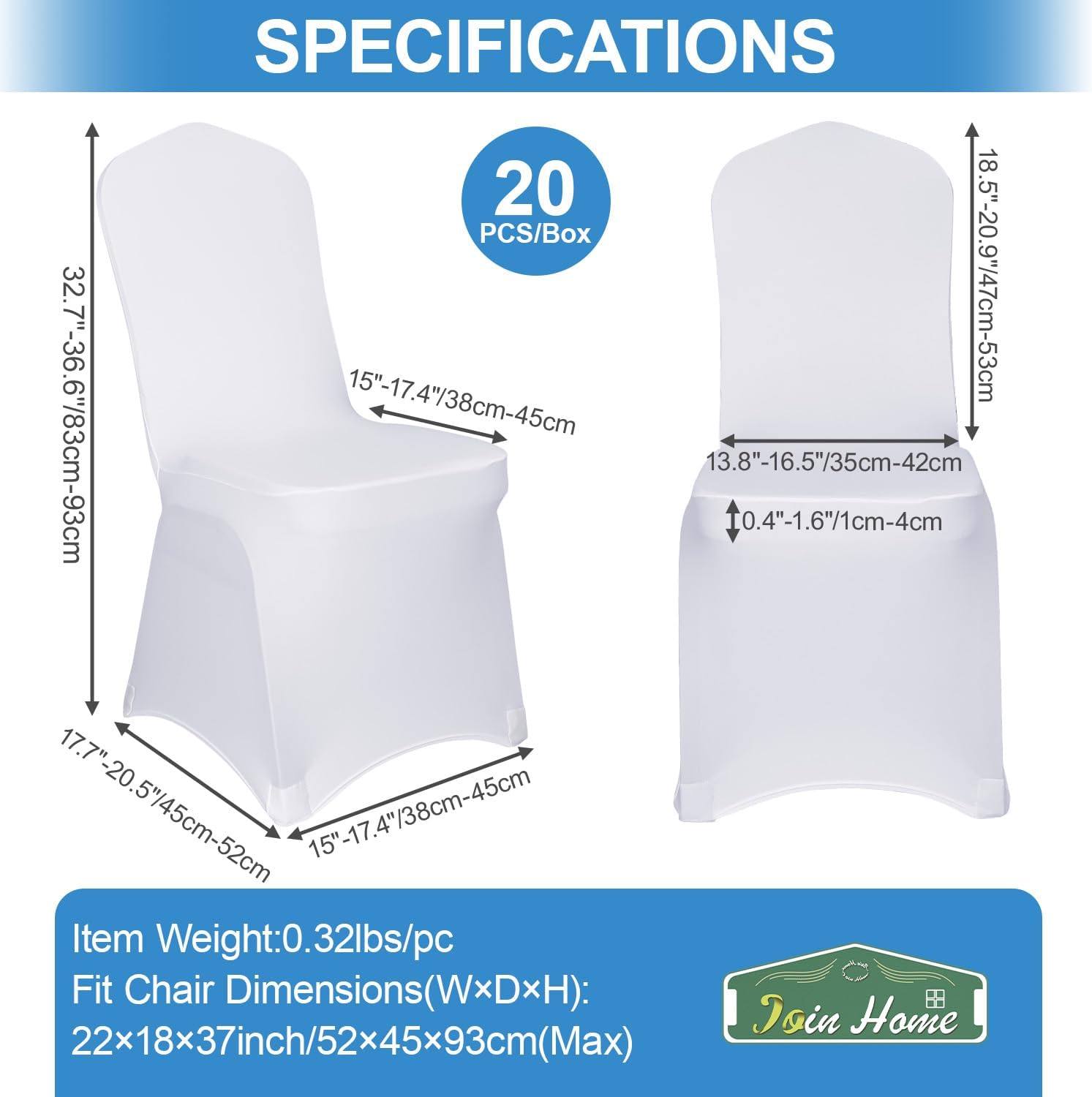 JQinHome Stretch Wihte Chair Covers 20 Pcs, Washable Spandex Chair Covers for Party, Wedding, Banquet, Dining, Celebration Decor (White,20 PCS)