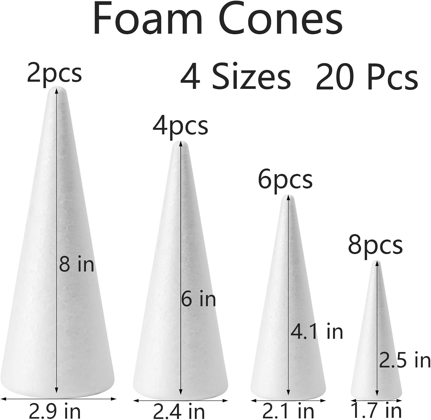 FFchuanhe 20pcs Mixed Size (2-8in) Craft Foam Cones Set for Art and DIY