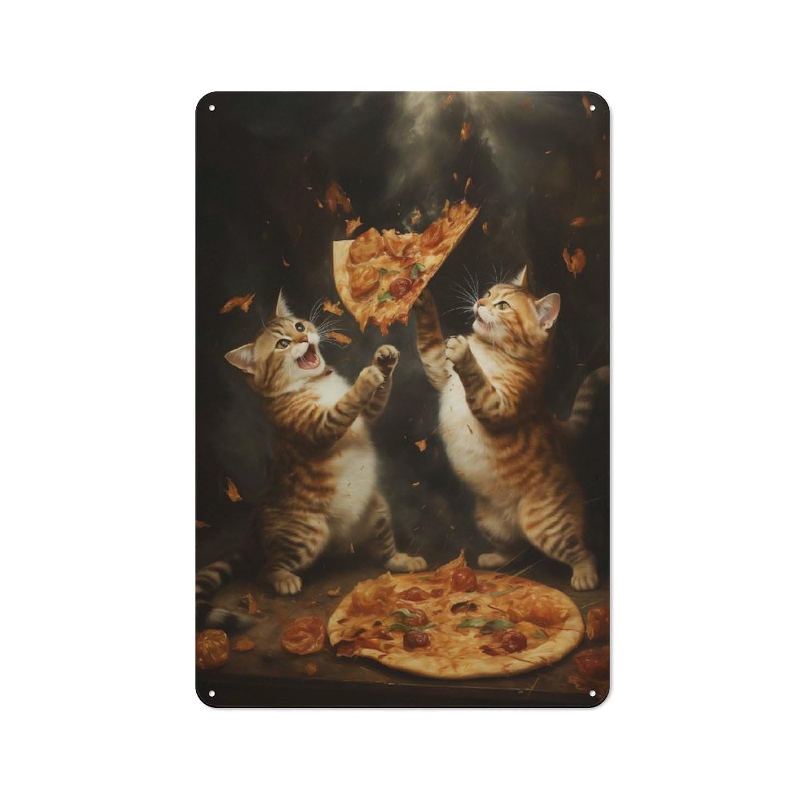 Junmoney Pizza Cat Food Fight Kitchen Metal Sign With Design 30X20cm, Cosy Kitchen Wall Decor For Bakery, Diner, Cafe Or Family Room