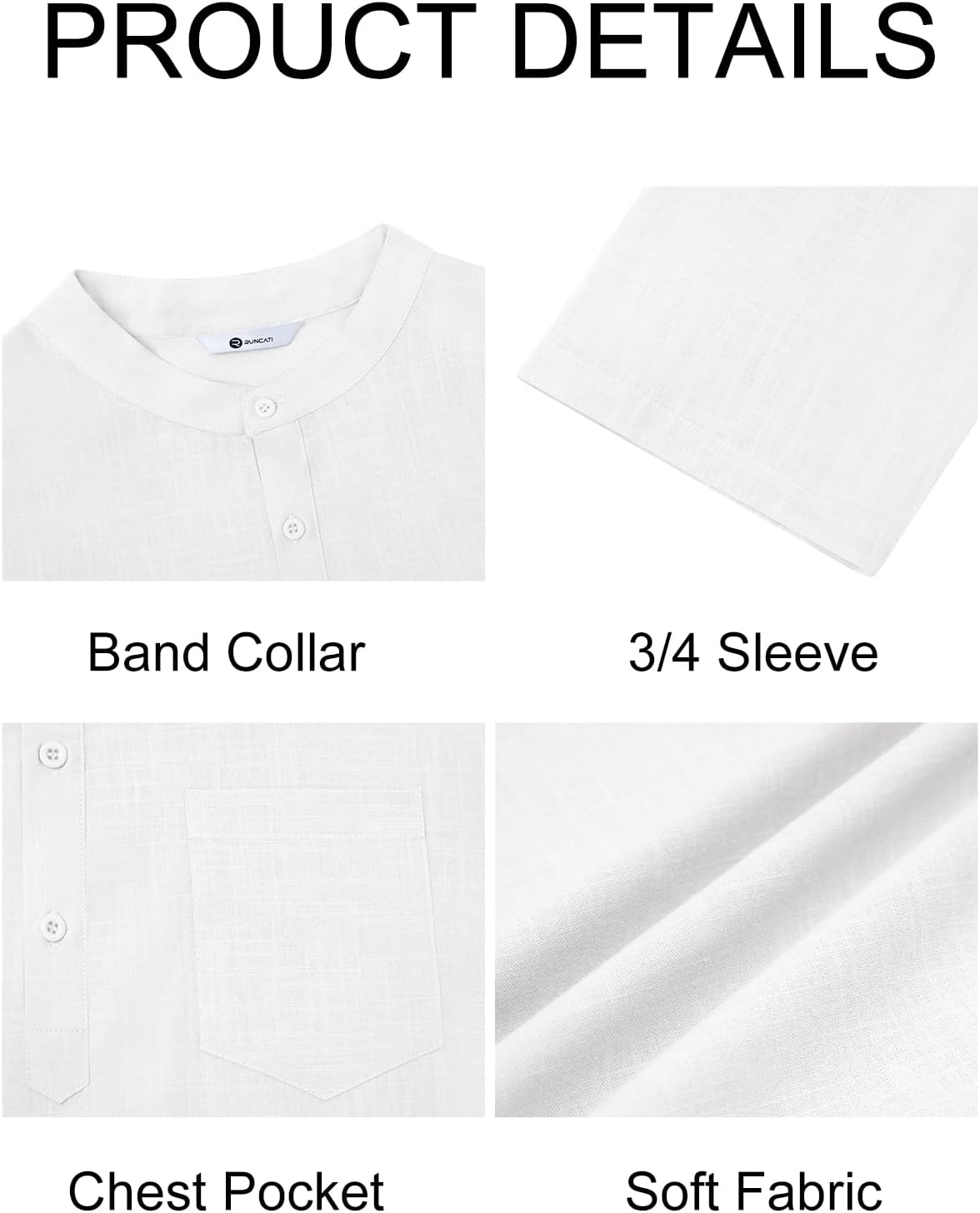 Runcati Mens Casual Henley Shirts 3/4 Sleeve Band Collar Cotton Linen Shirt Summer Beach Hippie T-Shirts with Pocket - Image 6