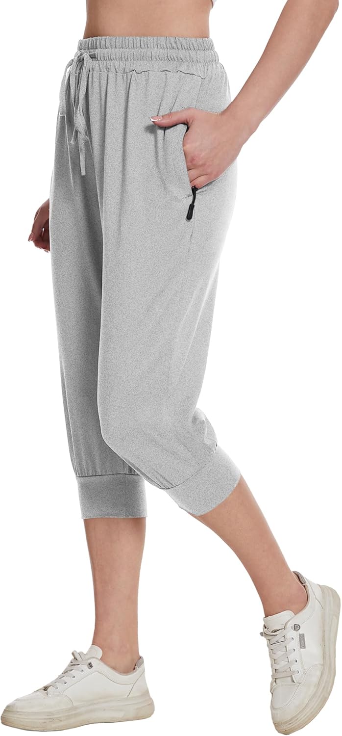 BATHRINS Womens Lightweight Sweatpants Capri Pants Summer Workout Hiking Capris Comfy Joggers with Zipper Pockets - Image 4