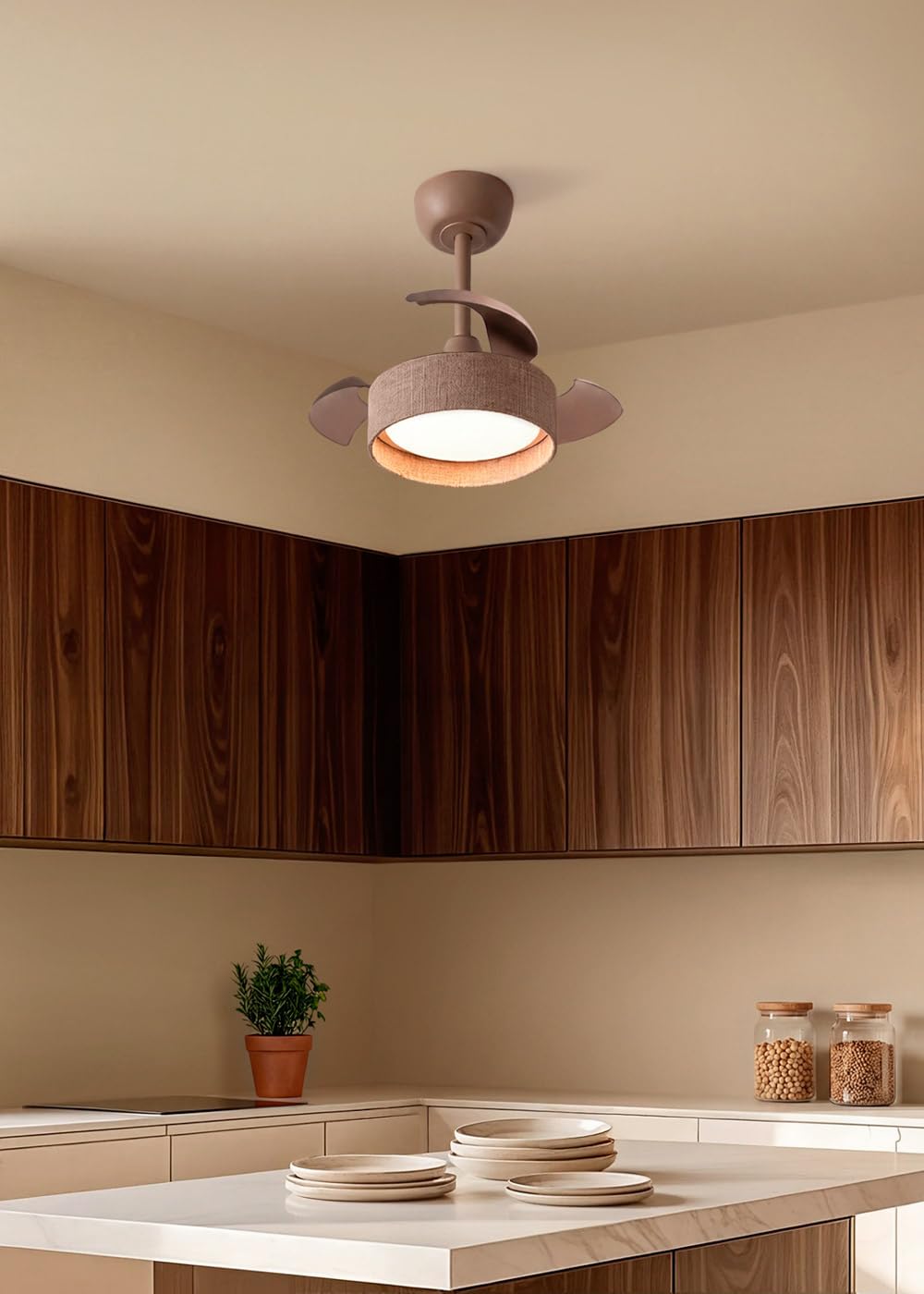 CREATE / WIND CLEAR LAMP/Ventilador de techo con luz lino moca con mando / 40W, Silencioso, Ø55 cm, 6 velocidades, aspas retráctiles, programable, función verano-invierno, luz led 3 temperaturas