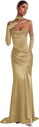 Womens Satin Mermaid Prom Evening Dresses Long Strapless Bridesmaid Dress with Scarf Ruched