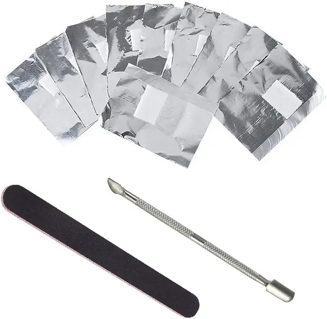 VOANZO 100PCS Nail Foils Kit with Gel Remover Wraps, Steel Pusher & Nail File for Home Gel Removal