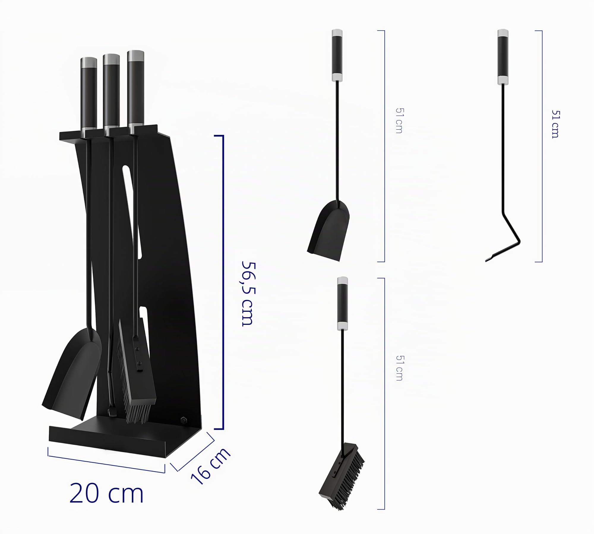 Kingson Juego de herramientas para chimenea de 4 piezas con asas compuestas, juego de accesorios para chimenea con recubrimiento en polvo negro, 54,5 cm de altura